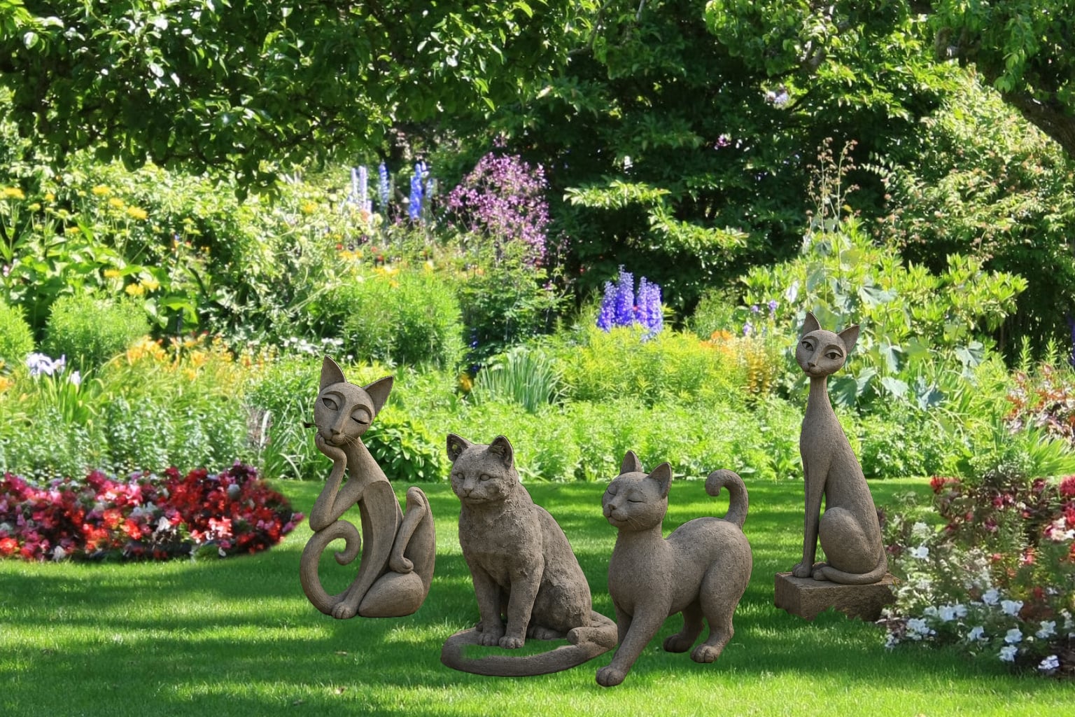 Stone tarot cat sculptures standing in a flowering summer garden